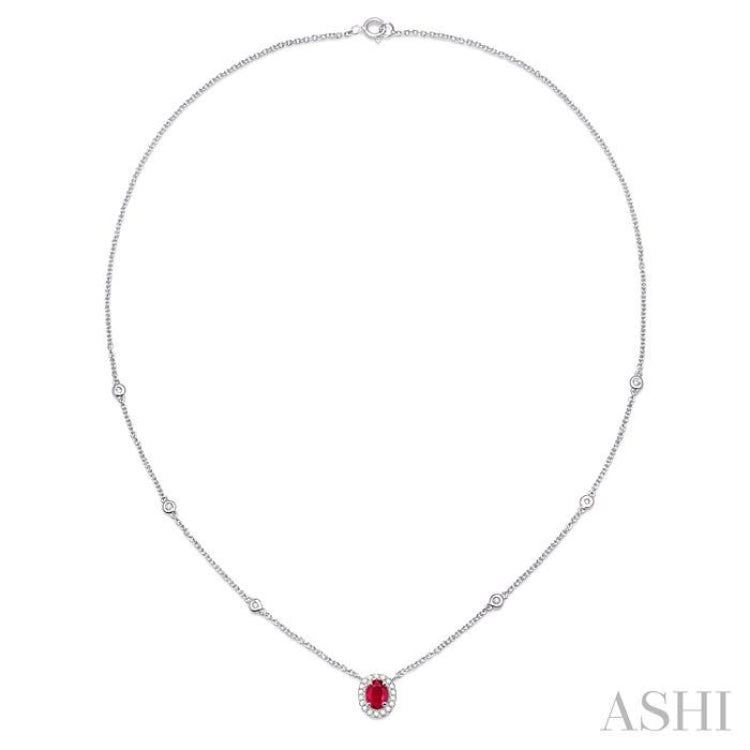 6x4 MM Oval Cut Ruby and 1/6 Ctw Round Cut Diamond Necklace in 14K White Gold