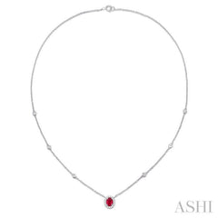 6x4 MM Oval Cut Ruby and 1/6 Ctw Round Cut Diamond Necklace in 14K White Gold