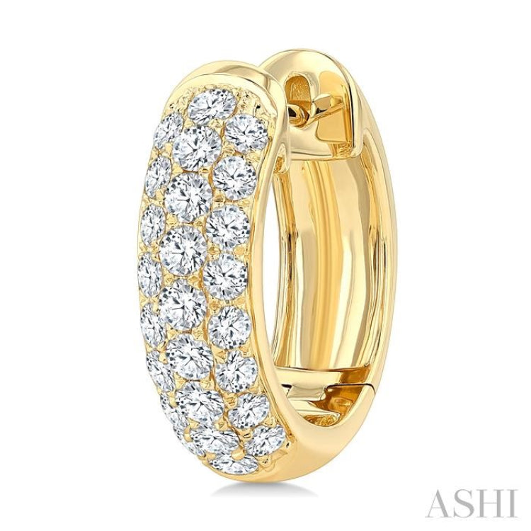 1 Ctw Three-Row Pave Set Round Cut Diamond Fashion Huggies in 14K Yellow Gold