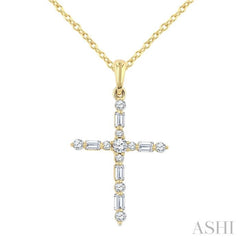 1/5 Ctw Latin Cross Fusion Baguette and Round Cut Diamond Fashion Pendant With Chain in 10K Yellow Gold