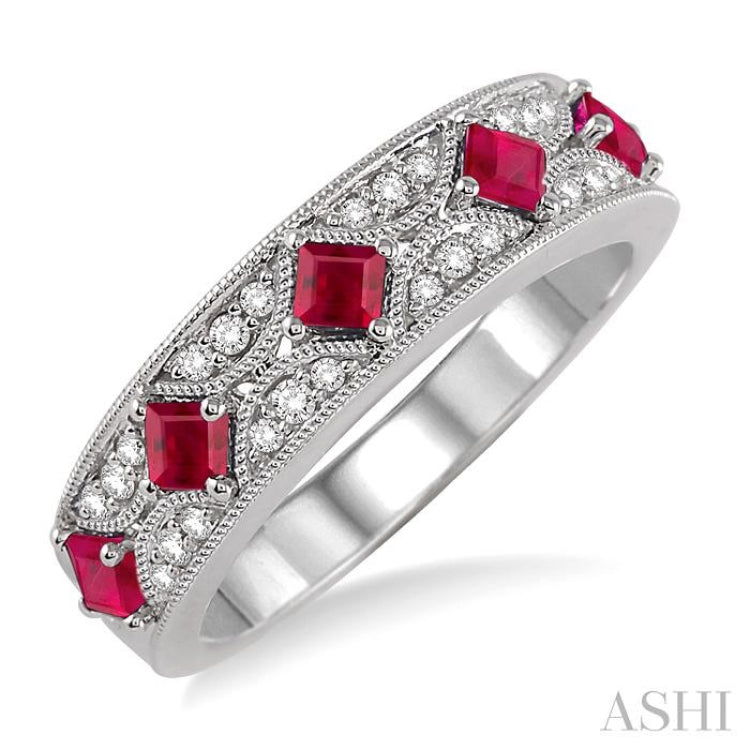 2.5 MM Princess Cut Ruby and 1/6 Ctw Round Cut Diamond Precious Band in 14K White Gold