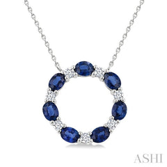 4x3 MM Oval Cut Sapphire and 1/4 Ctw Round Cut Diamond Circle Pendant With Chain in 14K White Gold