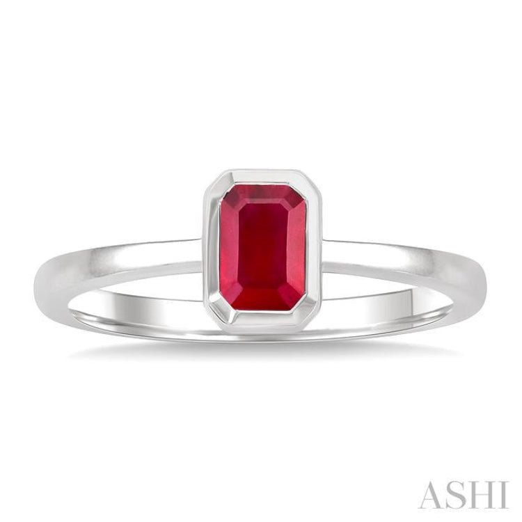 6X4 MM Octagon Shape Ruby Precious Solitaire Ring in 14K White Gold