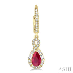 6x4 MM Pear Cut Ruby and 1/2 Ctw Round Cut Diamond Precious Earrings in 14K Yellow Gold