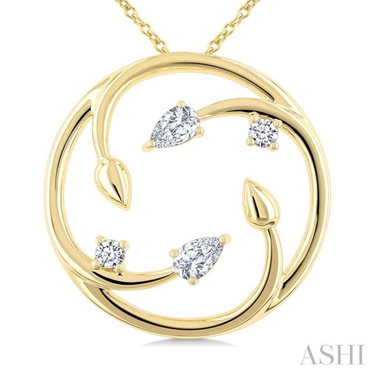 1/4 Ctw Branched Leaf Pear and Round Cut Diamond Circle Fashion Pendant With Chain in 14K Yellow Gold