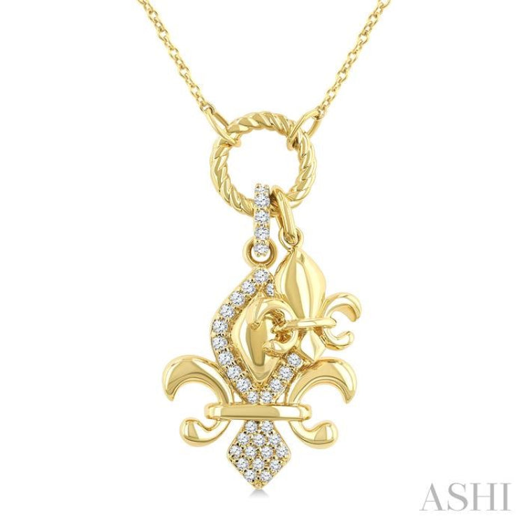 1/6 Ctw Fleur De Lis Charm Round Cut Diamond Pendant With Chain in 10K Yellow Gold