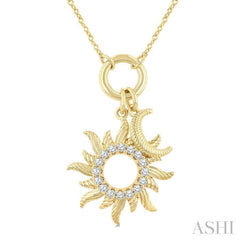 1/6 Ctw Fluted Sun and Crescent Moon Charm Round Cut Diamond Fashion Pendant With Chain in 10K Yellow Gold