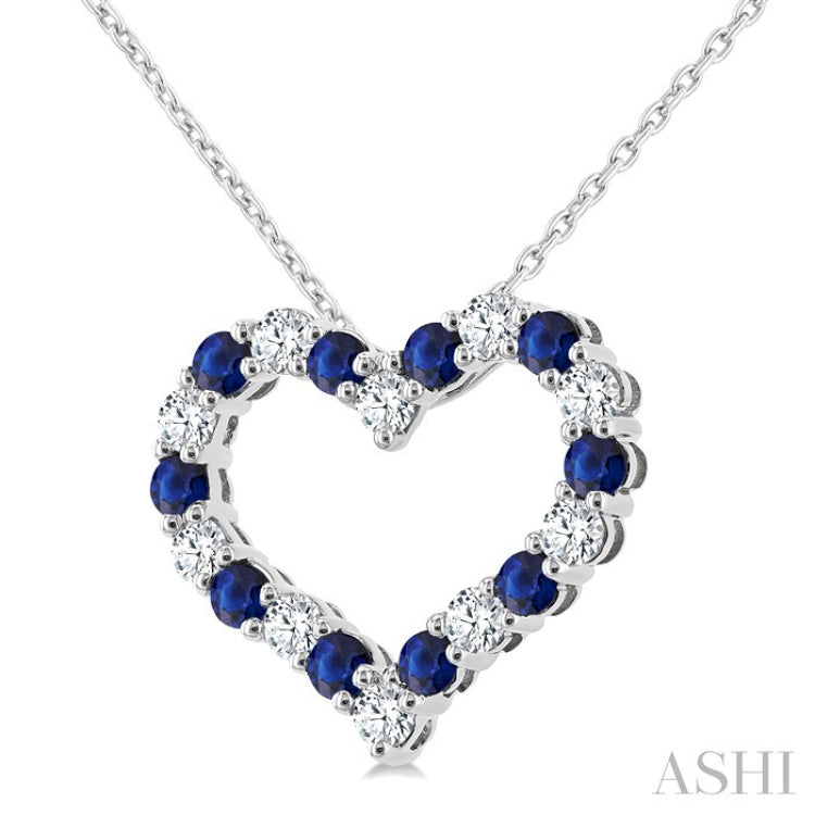 2.3 MM Round Cut Sapphire and 1/2 Ctw Open Heart Round Cut Diamond Precious Fashion Pendant With Chain in 14K White Gold