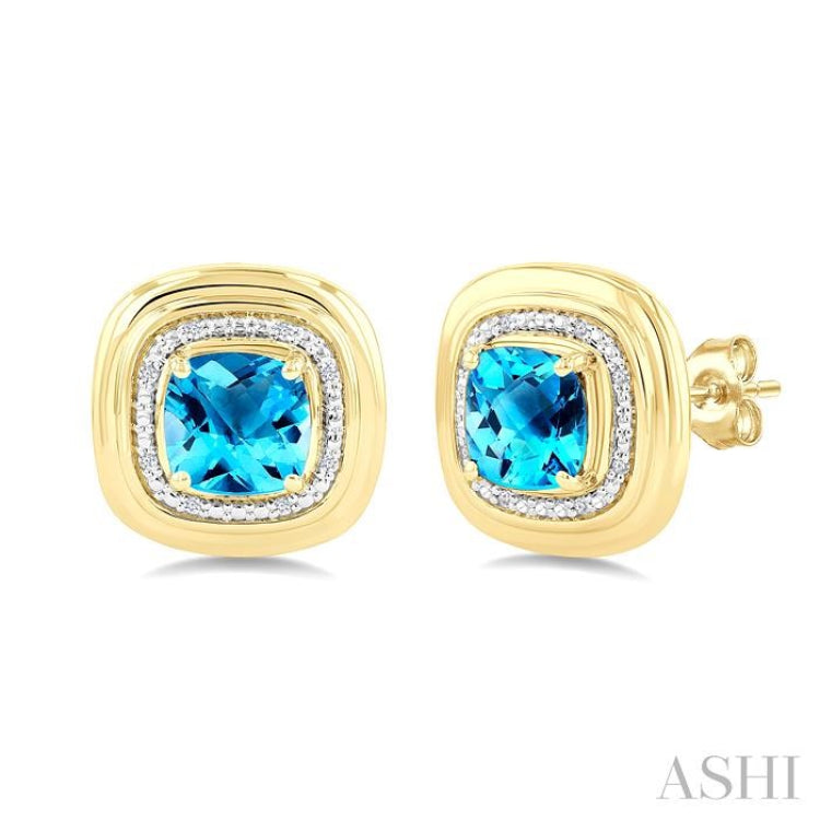 6 MM Cushion Shape Blue Topaz and 1/20 Ctw Round Cut Diamond Semi-Precious Earrings in Yellow Gold Vermeil