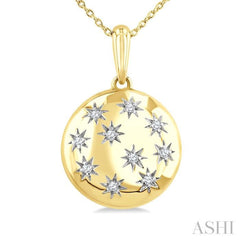 1/10 Ctw Bold Star Engraved Puffed Round Cut Diamond Pendant With Chain in Yellow Gold Vermeil