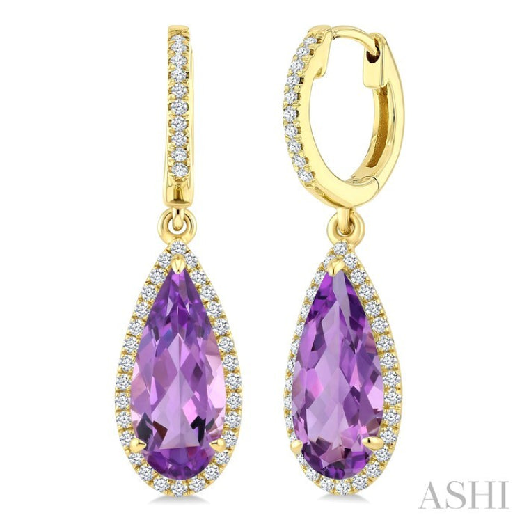 12X5 MM Pear Shape Amethyst and 1/3 Ctw Round Cut Diamond Semi-Precious Earrings in 10K Yellow Gold