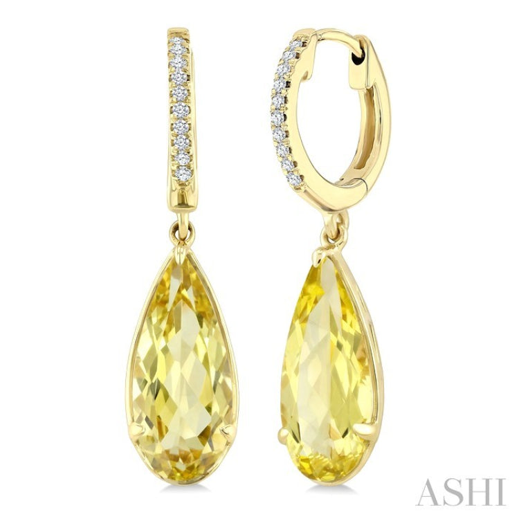 12X5 MM Pear Shape Lemon Quartz and 1/10 Ctw Round Cut Diamond Semi-Precious Earrings in 10K Yellow Gold