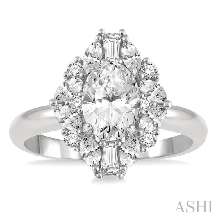 5/8 Ctw Oval Shape Oval, Baguette and Round Cut Diamond Semi-Mount Engagement Ring in 14K White Gold