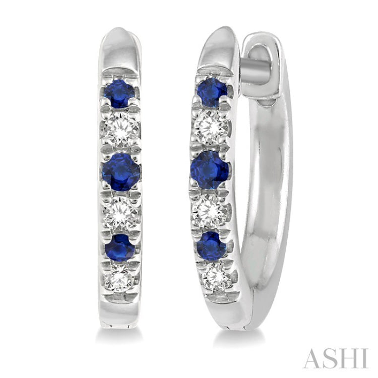 1.10 MM, 1.25 MM and 1.45 MM Round Shape Sapphire and 1/20 Ctw Round Cut Diamond Precious Hoop Earrings in 10K White Gold