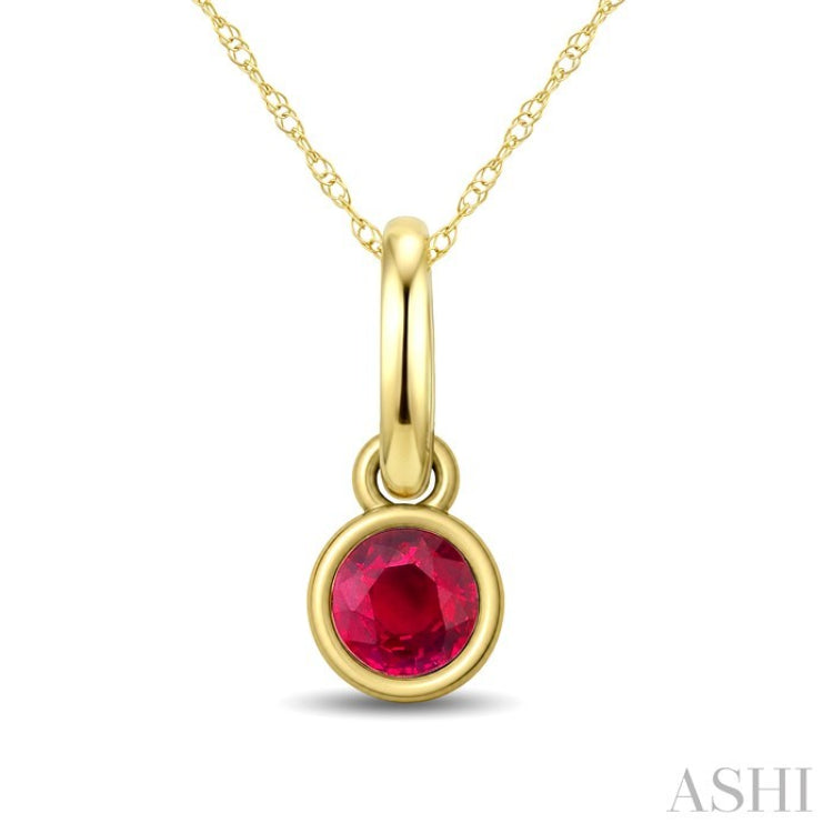 3X3 MM Round Shape Ruby Bezel Set Precious Solitaire Pendant With Chain in 10K Yellow Gold