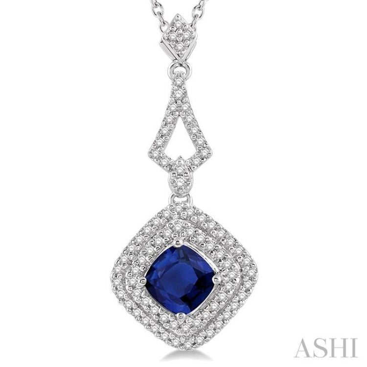 5X5 MM Cushion Shape Sapphire and 1/5 Ctw Round Cut Diamond Precious Pendant With Chain in 14K White Gold