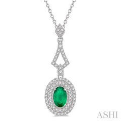 6X4 MM Oval Shape Emerald and 1/5 Ctw Round Cut Diamond Precious Pendant With Chain in 14K White Gold