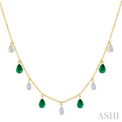 6X4 MM Pear Shape Emerald and 1 Ctw Pear Cut Diamond Precious Station Necklace in 14K Yellow Gold