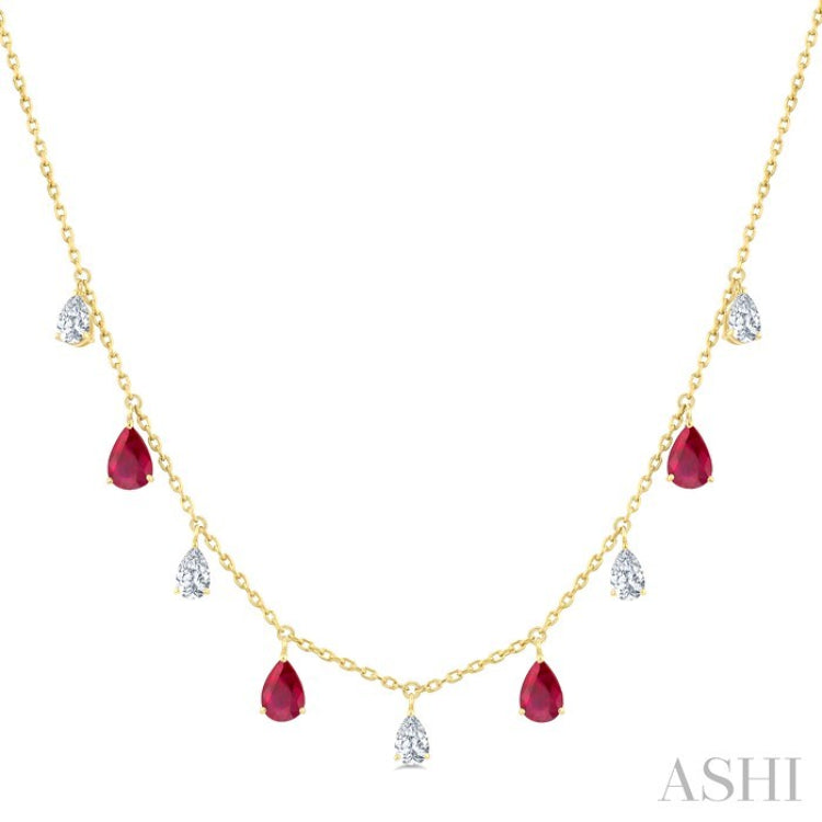 6X4 MM Pear Shape Ruby and 1 Ctw Pear Cut Diamond Precious Station Necklace in 14K Yellow Gold