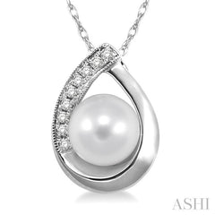 6.5 MM Round Shape Cultured Pearl and 1/20 Ctw Round Cut Diamond Pendant in 14K White Gold with Chain