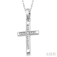 1/10 Ctw Single Cut Diamond Cross Pendant in 14K White Gold with Chain