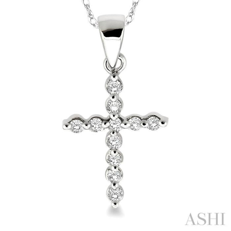 1/10 Ctw Round Cut Diamond Cross Petite Pendant in 14K White Gold with Chain