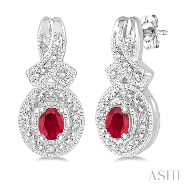 4X3 MM Oval Cut Ruby and 1/20 Ctw Round Cut Diamond Earrings in Sterling Silver