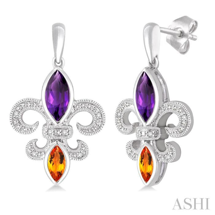 8X4 MM Marquise Cut Amethyst, 6X3 MM Marquise Cut Citrine and 1/20 Ctw Round Cut Diamond Fleur De Lis Earrings in Sterling Silver