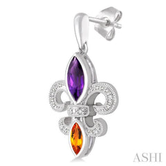 8X4 MM Marquise Cut Amethyst, 6X3 MM Marquise Cut Citrine and 1/20 Ctw Round Cut Diamond Fleur De Lis Earrings in Sterling Silver