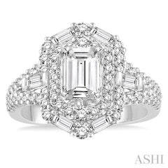 1 1/10 Ctw Emerald Shape Baguette and Round Cut Diamond Semi-Mount Engagement Ring in 14K White Gold