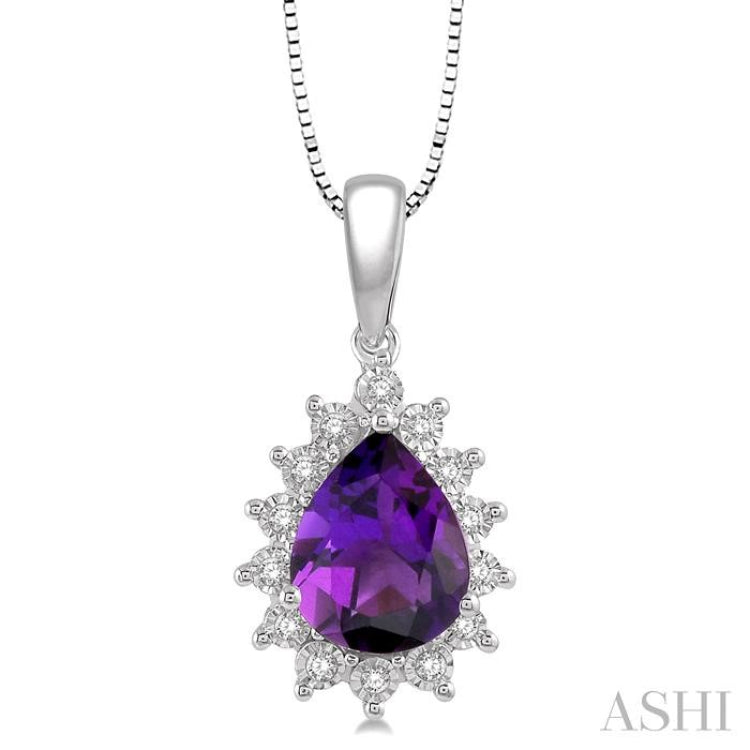 9x6 MM Pear Shape Amethyst and 1/10 Ctw Round Cut Diamond Semi-Precious Pendant in 10K White Gold