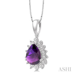 9x6 MM Pear Shape Amethyst and 1/10 Ctw Round Cut Diamond Semi-Precious Pendant in 10K White Gold