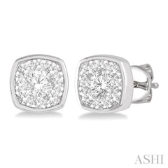 1/2 Ctw Cushion Shape Round Cut Diamond Lovebright Bezel Stud Earring in 14K White Gold