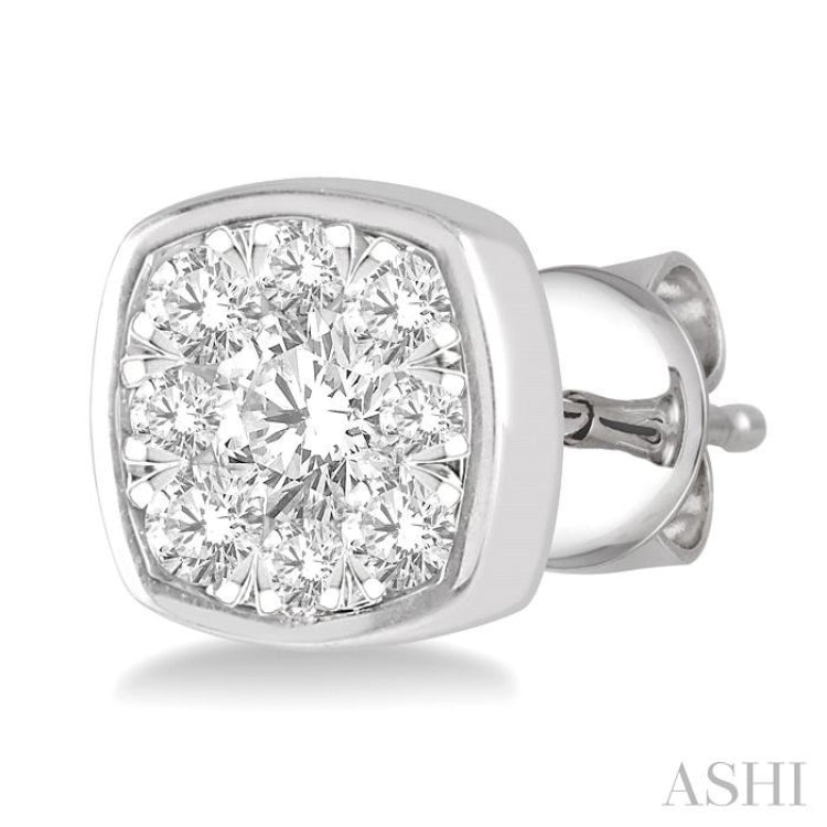1/2 Ctw Cushion Shape Round Cut Diamond Lovebright Bezel Stud Earring in 14K White Gold