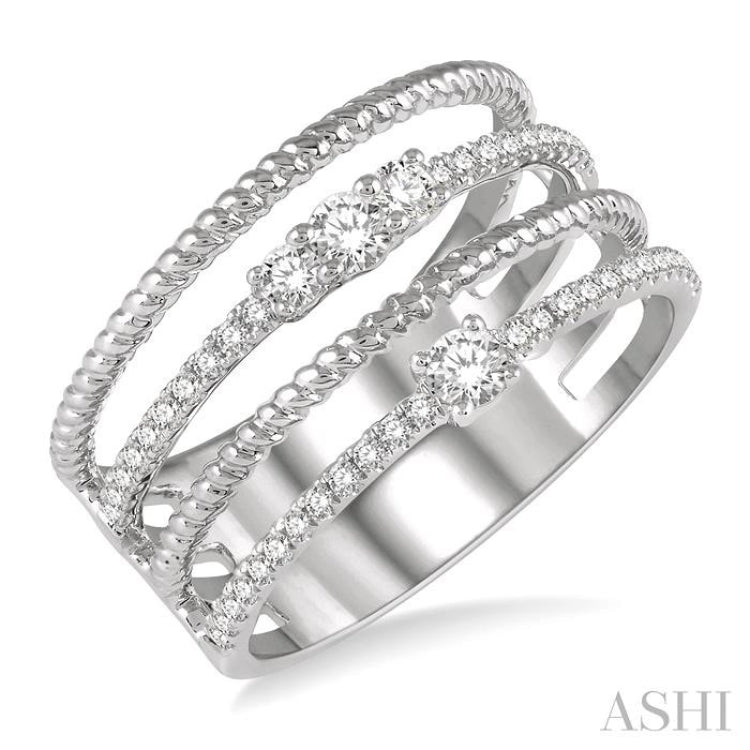 3/8 Ctw Rope and Round Diamond Multi Row Layered Fashion Ring in 14K White Gold