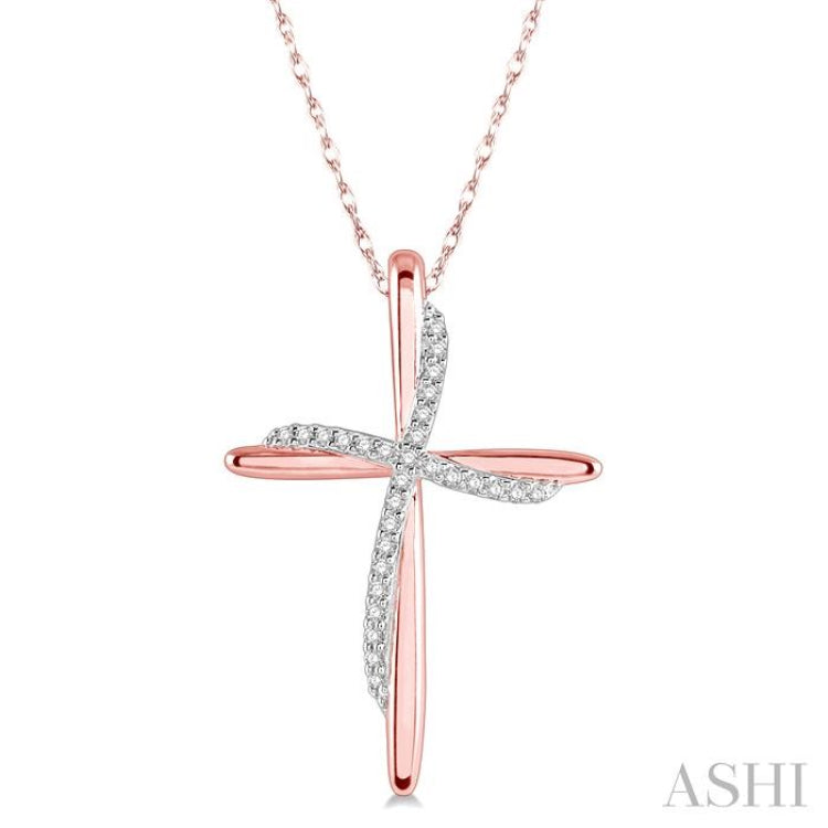 1/10 Ctw Round Cut Diamond Draped Cross Charm Pendant With Chain in 10K Rose Gold