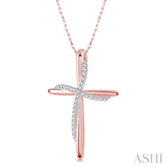 1/10 Ctw Round Cut Diamond Draped Cross Charm Pendant With Chain in 10K Rose Gold