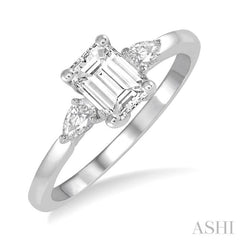 1/2 Ctw Octagon Emerald and Pear Cut Diamond Ladies Engagement Ring with 1/3 Ct Emerald Cut Center Stone in 14K White Gold