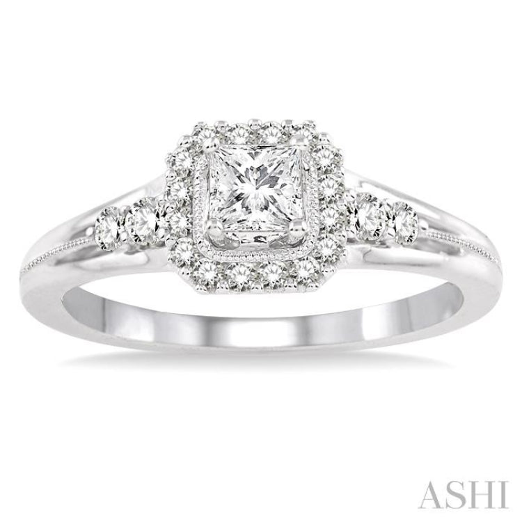 1/2 ctw Diamond Engagement Ring with 1/4 ct Princess Cut Center Stone in 14K White Gold