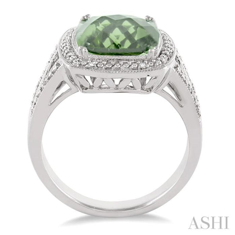 10X10 MM Cushion Shape Green Amethyst and 1/20 Ctw Round Cut Diamond Ring in Sterling Silver