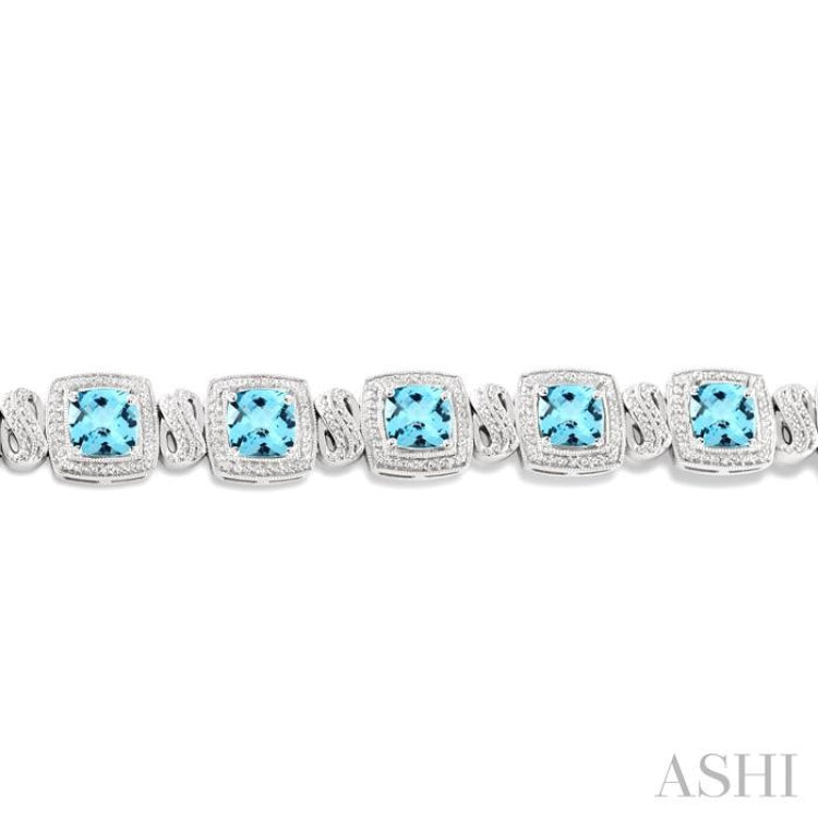 7X7 MM Cushion Shape Blue Topaz and 1/10 Ctw Round Cut Diamond Square Shape Bracelet in Sterling Silver