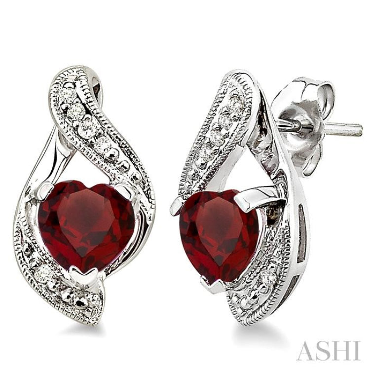 6X6 MM Heart Shape Garnet and 1/20 Ctw Round Cut Diamond Earrings in Sterling Silver