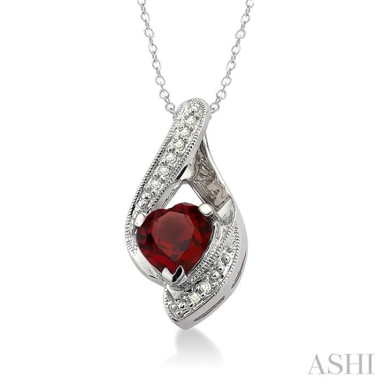 7X7 MM Heart Shape Garnet and 1/20 Ctw Round Cut Diamond Pendant in Sterling Silver with Chain