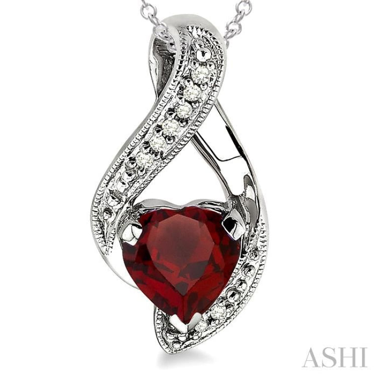 7X7 MM Heart Shape Garnet and 1/20 Ctw Round Cut Diamond Pendant in Sterling Silver with Chain