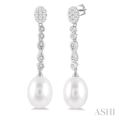 11x8.5 MM Cultured Pearls and 1/4 Ctw Round Cut Diamond Drop Hanging Lovebright Earrings in 14K White Gold