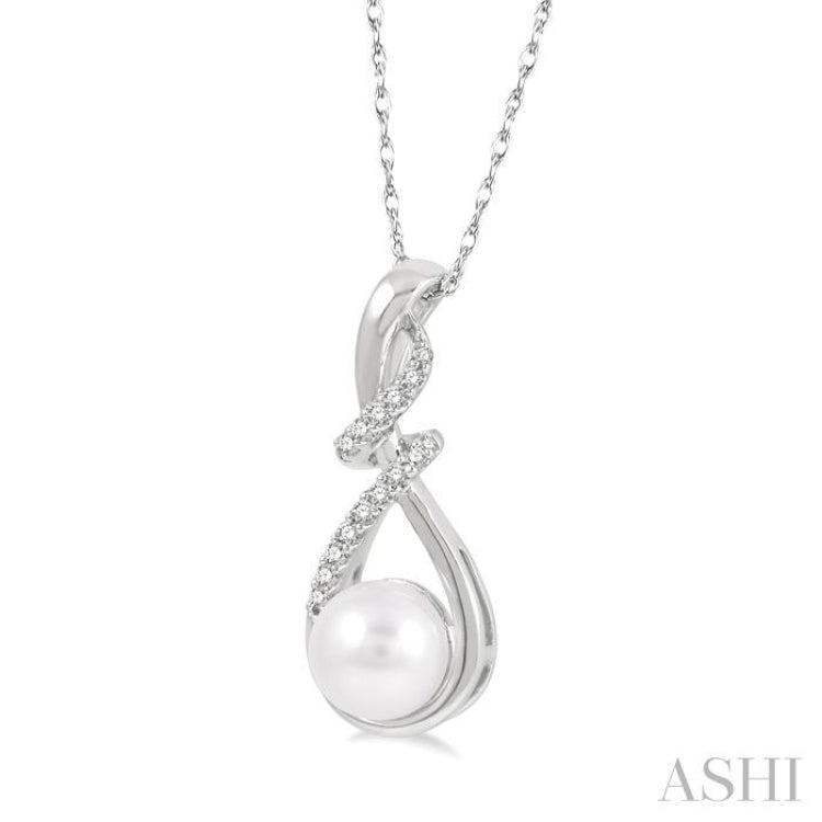7 MM Round Shape Cultured Pearl and 1/10 Ctw Swirl Top Round Cut Diamond Fashion Pendant With Chain in 10K White Gold