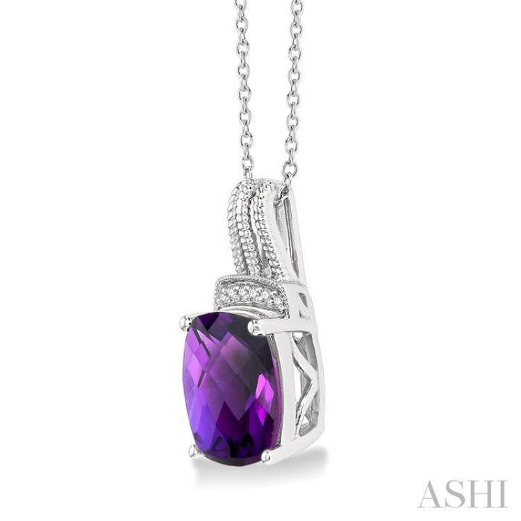 10X8 MM Cushion Shape Amethyst and 1/50 Ctw Looped Round Cut Diamond Semi-Precious Pendant With Chain in Sterling Silver