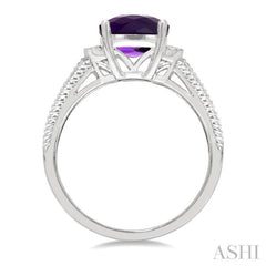 10X8 MM Cushion Shape Amethyst and 1/20 Ctw Round Cut Diamond Semi-Precious Ring in Sterling Silver