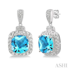 8X8 MM Cushion Shape Blue Topaz and 1/50 Ctw Round Cut Diamond Semi-Precious Earrings in Sterling Silver