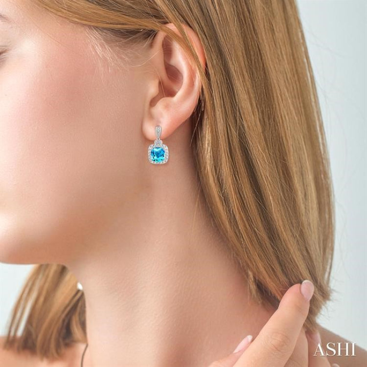 8X8 MM Cushion Shape Blue Topaz and 1/50 Ctw Round Cut Diamond Semi-Precious Earrings in Sterling Silver